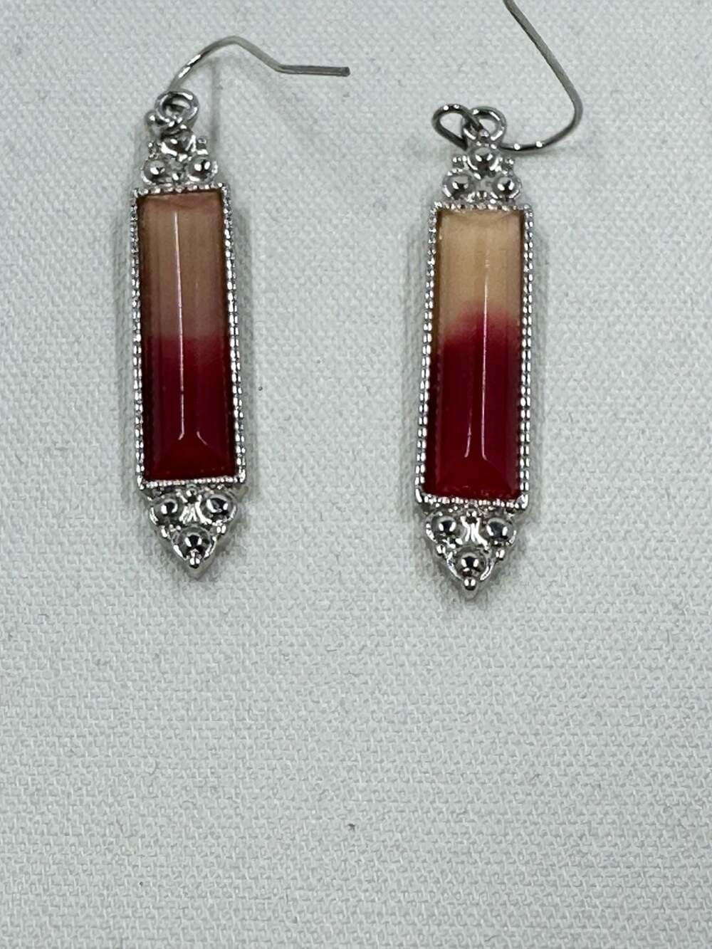 Silver-Tone Red & Beige Ombre Rectangular Dangle Earrings